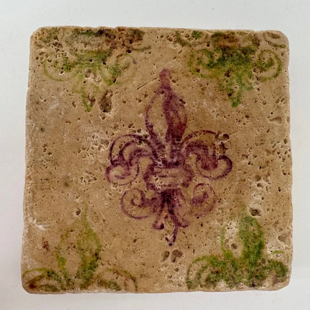 Set of 2 Fleur De‎ Lis Travertine Stone Drink Coasters Rustic New Orleans Decor